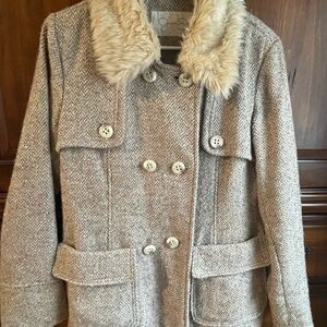 Jessica Simpson Cream Double-Breasted Pea Coat with Faux Fur Collar